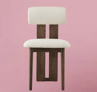 wood and boucle chair - blush background, front angle